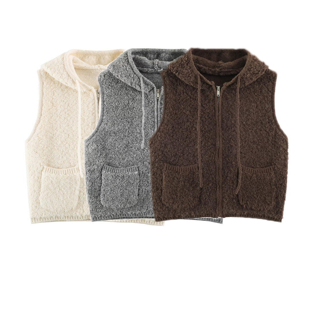 Damen Teddy-Fleece-Weste mit Kapuze, Reißverschluss und aufgesetzten Taschen Shop Nory