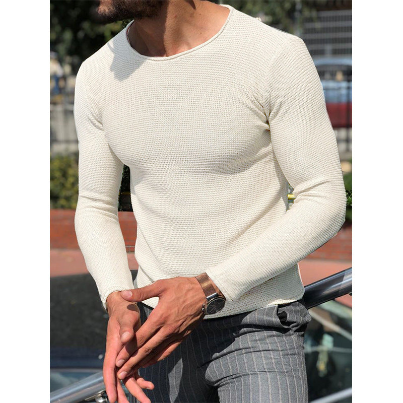 Herren Schmal geschnittener Strukturstrick-Langarmpullover mit Rundhalsausschnitt Shop Nory