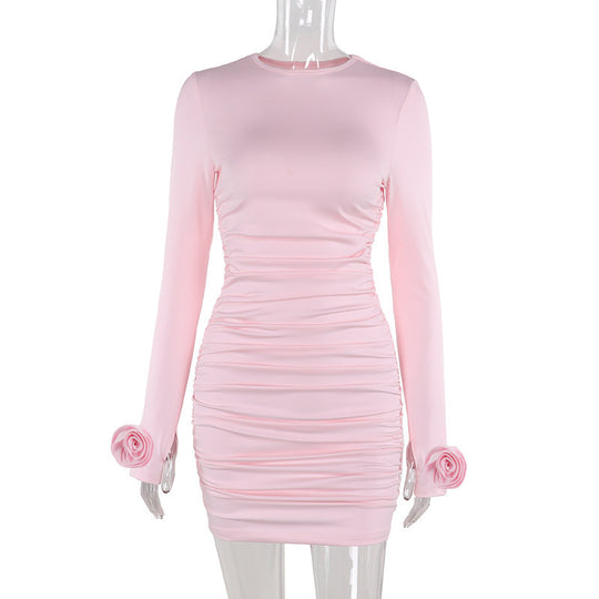 Damen Enganliegendes gerafftes Minikleid mit langen Ärmeln und Rosenapplikation Shop Nory