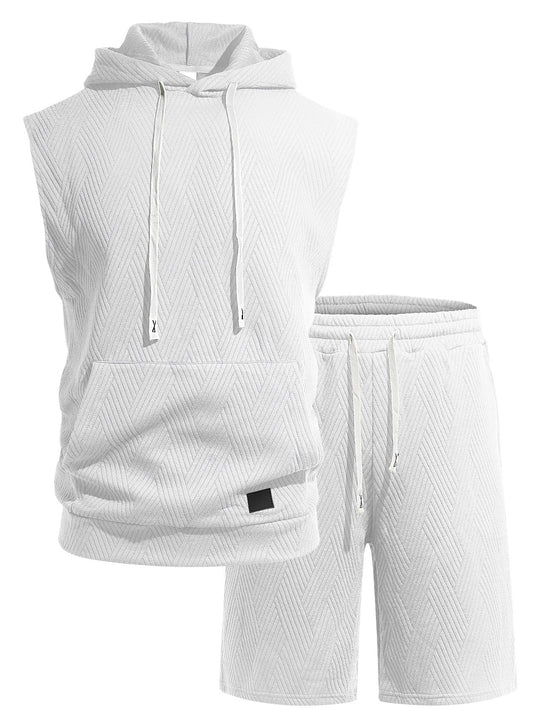 Herren nan ärmelloses Kapuzen-Lounge-Set aus strukturierter Baumwollmischung mit Kängurutasche und elastischer Freizeithose