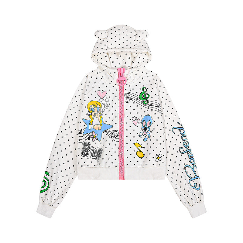 Damen Kuschelige Kapuzenjacke mit Ohren, Allover‑Sternmuster und verspielten Cartoon‑Prints Shop Nory