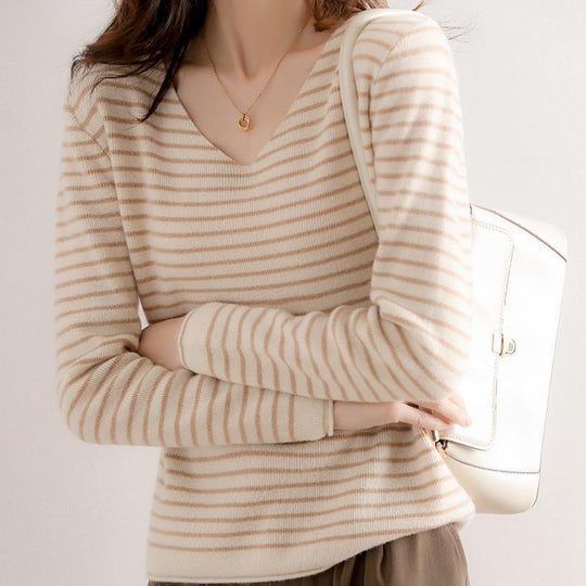 Damen Zarter Streifen-V‑Ausschnittpullover aus feinem Rippstrick mit weichem Fall Shop Nory