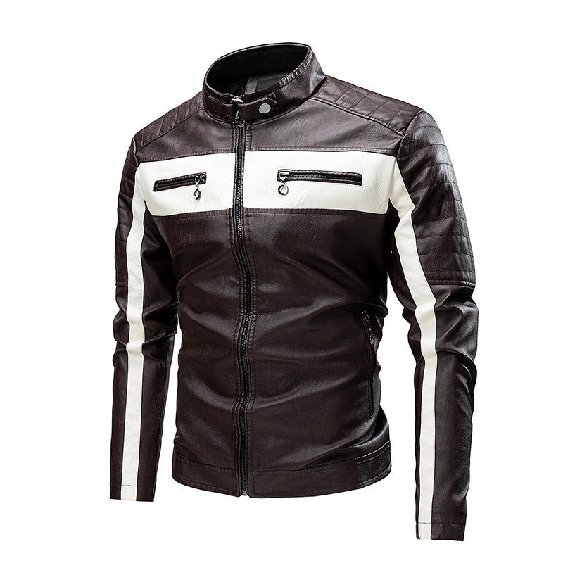 Herren Biker-Lederjacke im Colorblock-Design mit gesteppter Schulterpartie und Stehkragen Shop Nory
