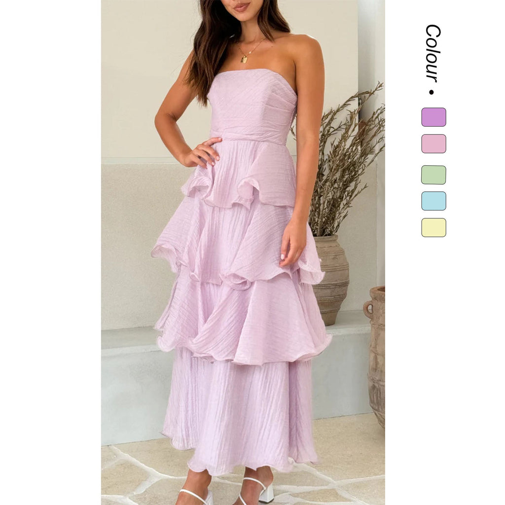 Damen Maxikleid mit voluminösen Rüschen und schulterfreiem Design