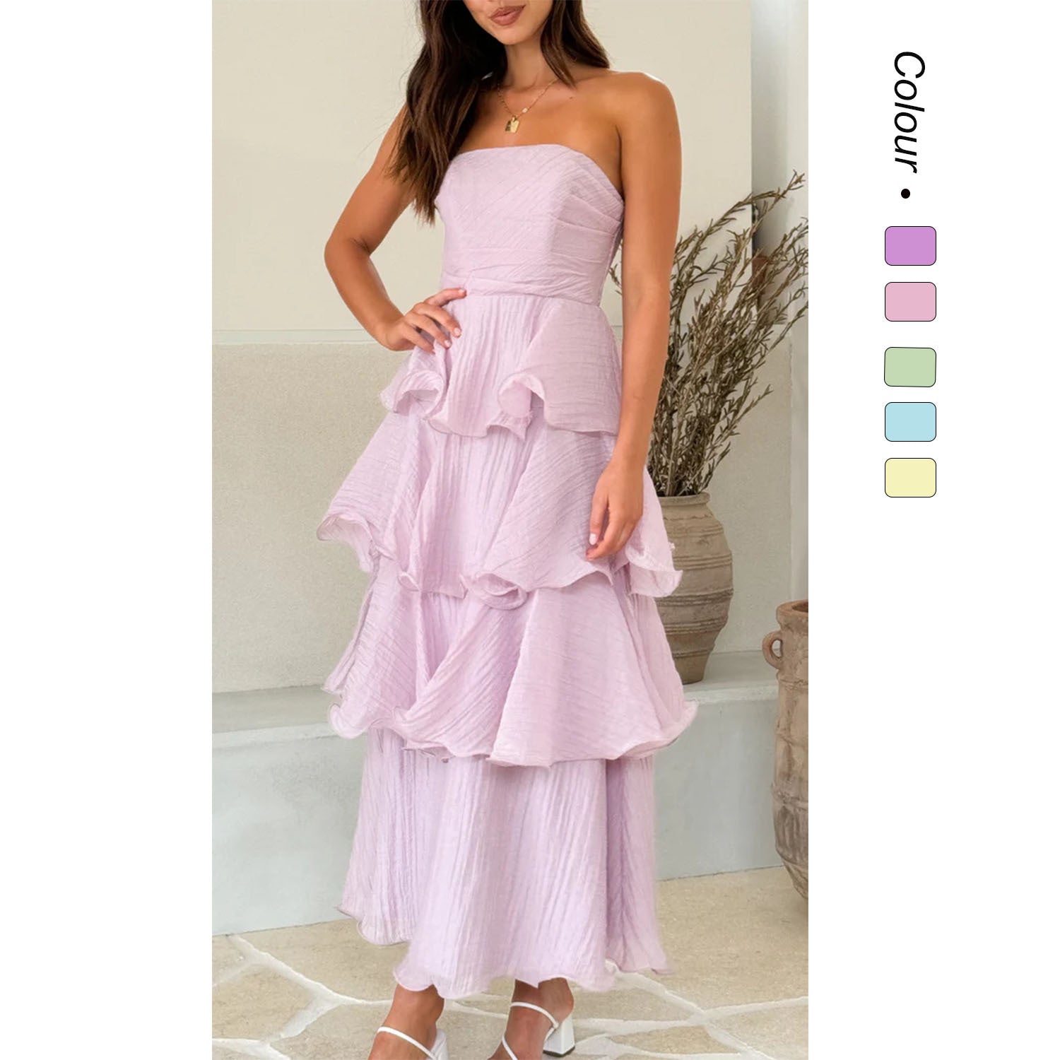 Damen Maxikleid mit voluminösen Rüschen und schulterfreiem Design