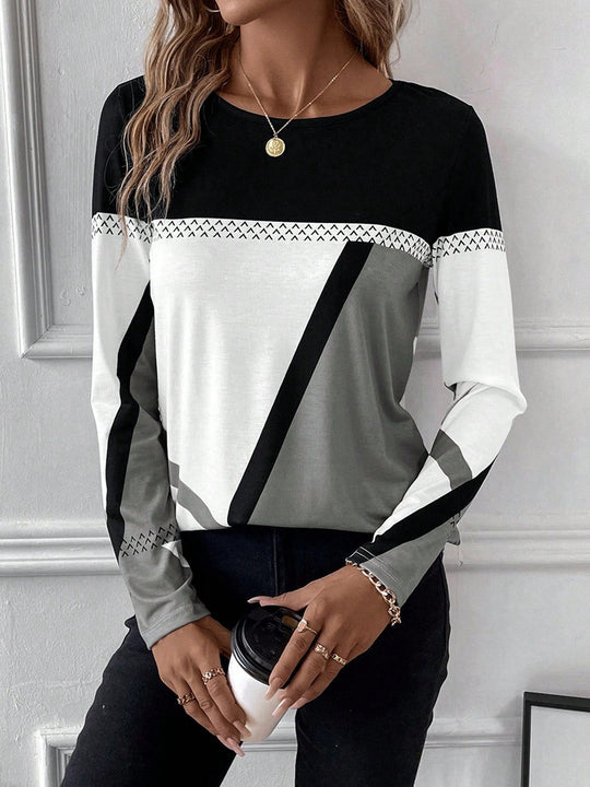 Damen Langarmshirt mit geometrischem Blockprint und Rundhalsausschnitt Shop Nory