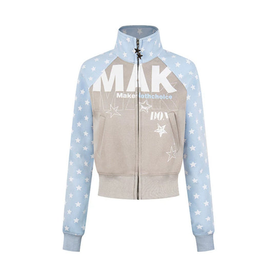 Damen Kurz geschnittene Zip‑Up Sweatjacke mit Stehkragen, Sternprint und Raglanärmeln Shop Nory