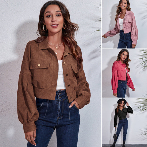 Damen Kurzjacke aus Materialmix mit lässigen Puffärmeln und großen Taschen