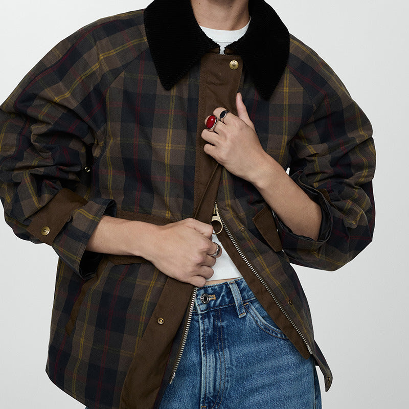 Damen Karierte Jacke mit weichem Cordkragen