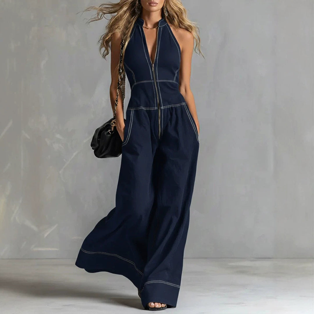 Damen Ärmelloser Halter-Jumpsuit mit Reißverschluss, weitem Bein und Eingrifftaschen Shop Nory