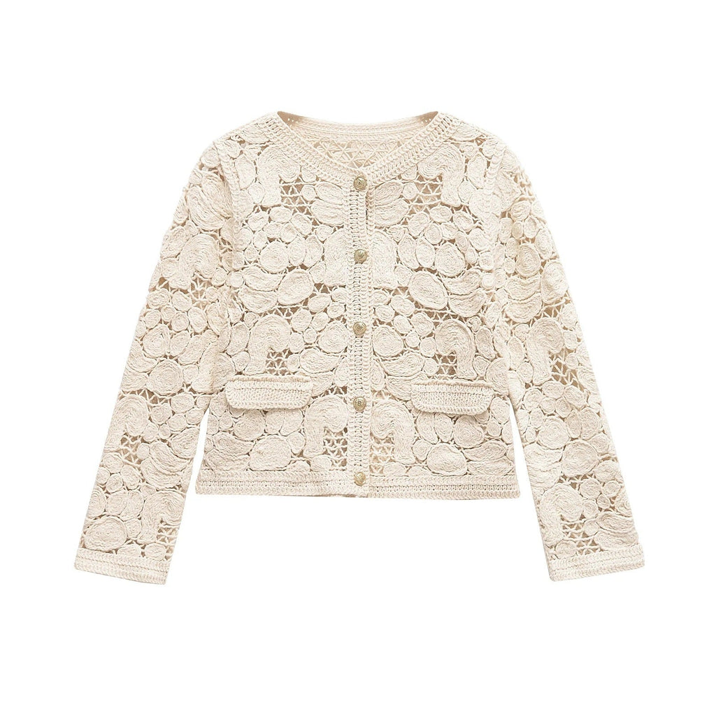 Damen Strickjacke Aus Feiner Spitze mit Dekorativen Knopfdetails und Eleganter Silhouette