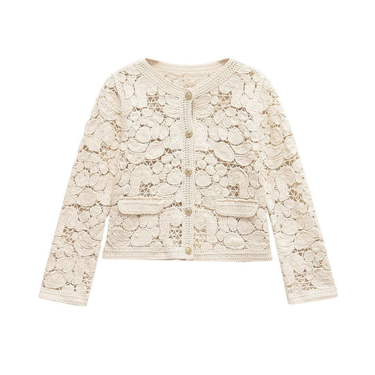 Damen Strickjacke Aus Feiner Spitze mit Dekorativen Knopfdetails und Eleganter Silhouette