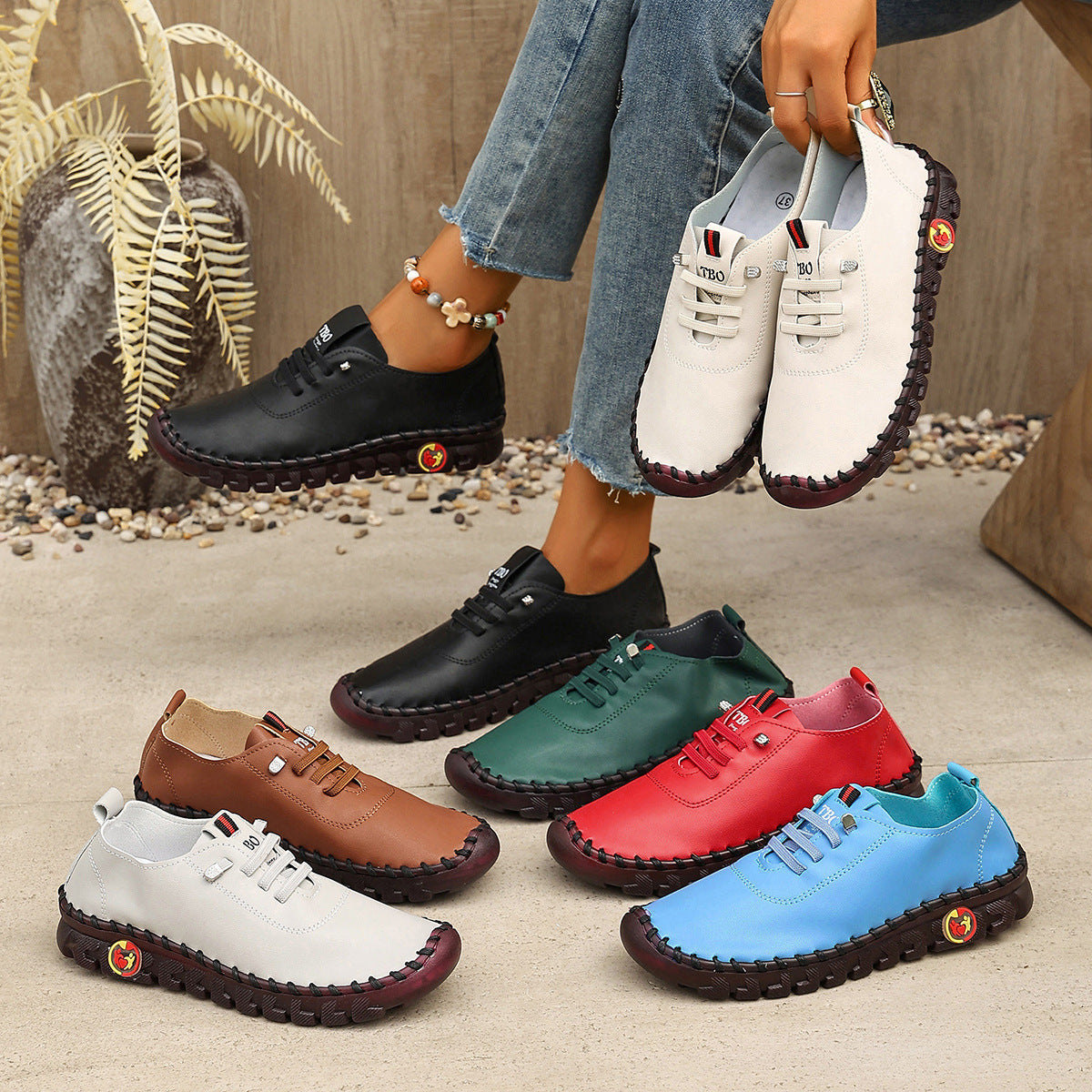 Damen Freizeit-Leder-Sneaker mit elastischen Schnürsenkeln und rutschfester Sohle