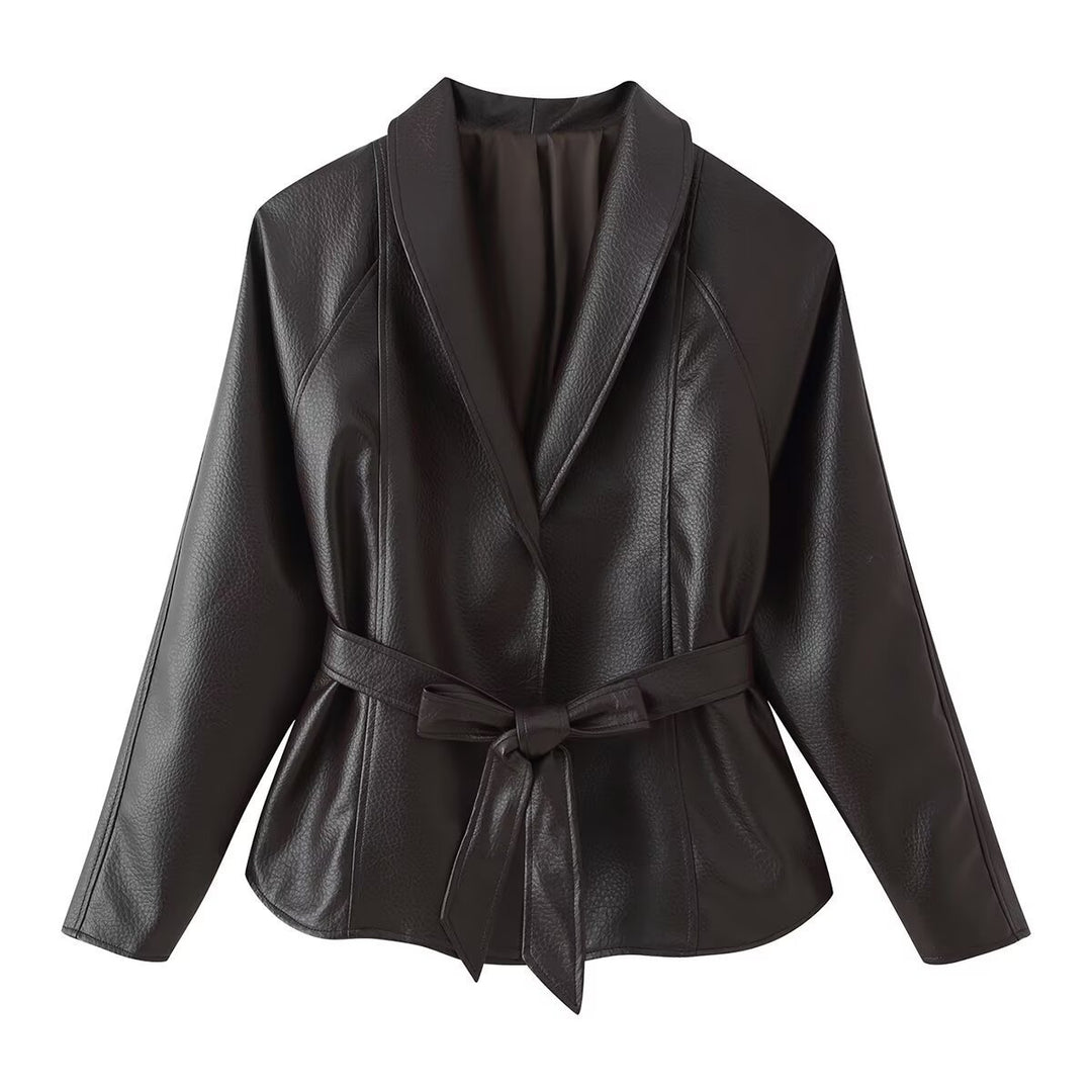 Damen Taillierter Bindegürtel-Lederblazer mit Schalkragen Shop Nory