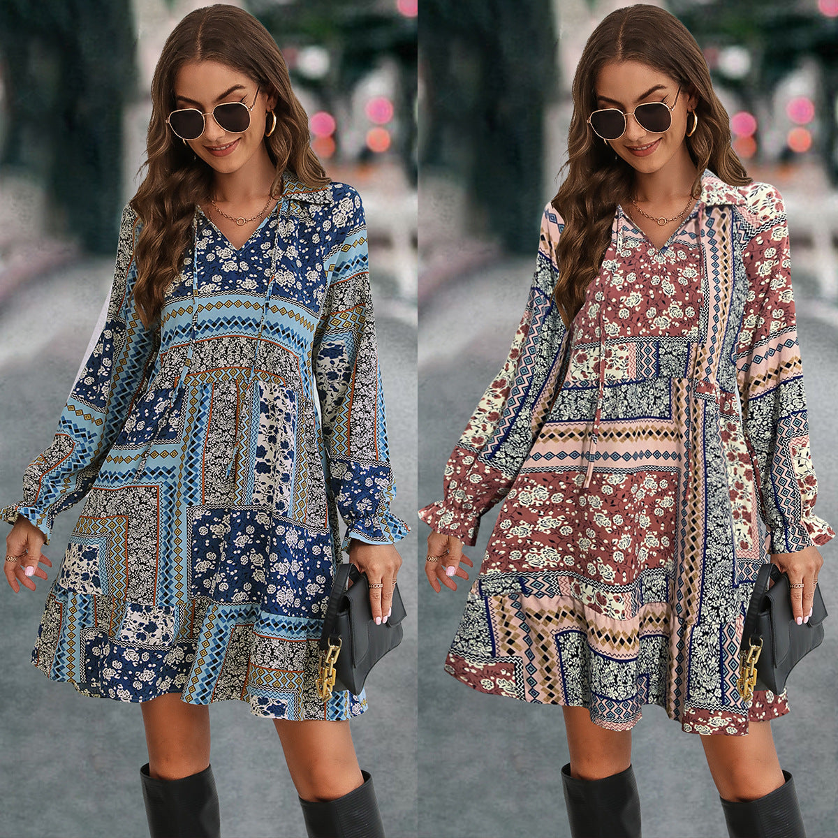 Damen Boho-Minikleid mit langen Ärmeln und buntem Muster