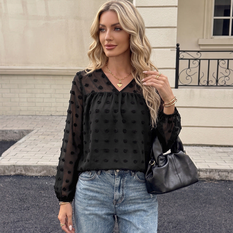 Damen Elegante Chiffonbluse mit 3D-Pompon-Applikation, V-Ausschnitt und elastischen Manschetten Shop Nory