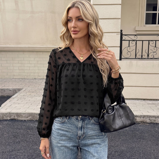 Damen Elegante Chiffonbluse mit 3D-Pompon-Applikation, V-Ausschnitt und elastischen Manschetten Shop Nory