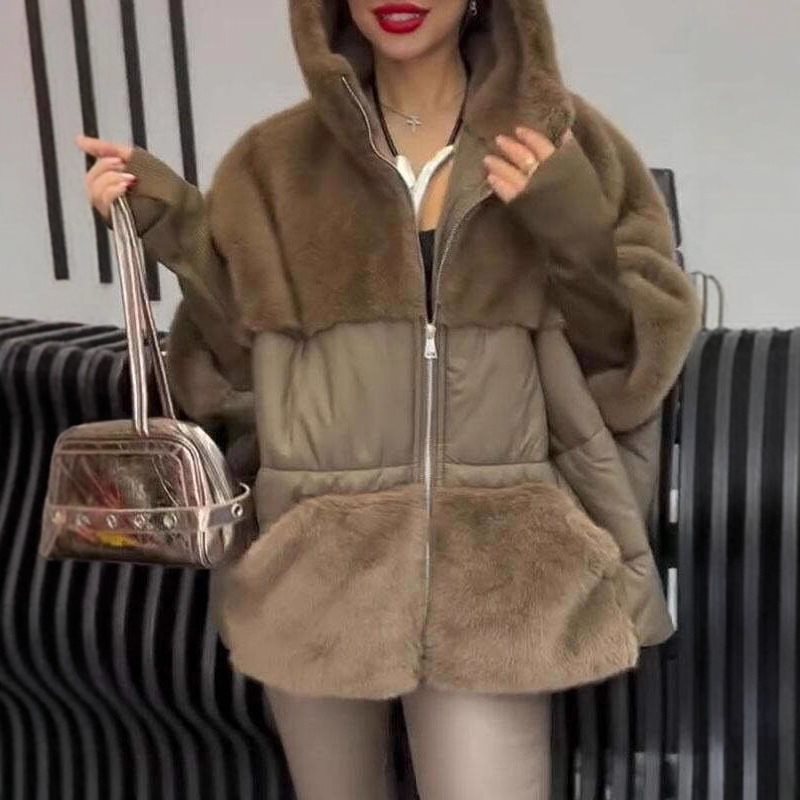 Damen Wattierter Oversize-Parka mit Kunstfellbesatz, Kapuze und Rippbündchen Shop Nory