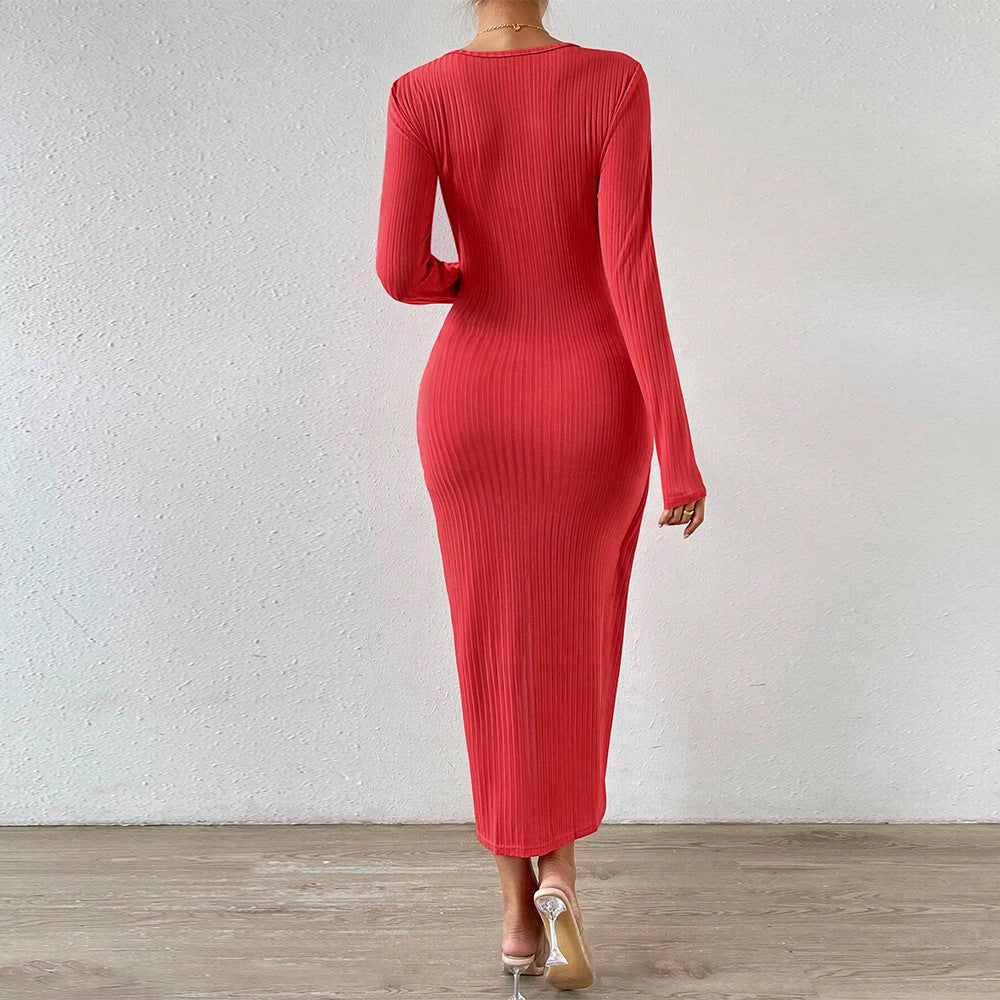 Damen gerafftes Maxikleid mit Knotendetail, figurbetonter Rippenstruktur und hohem Seitenschlitz Shop Nory