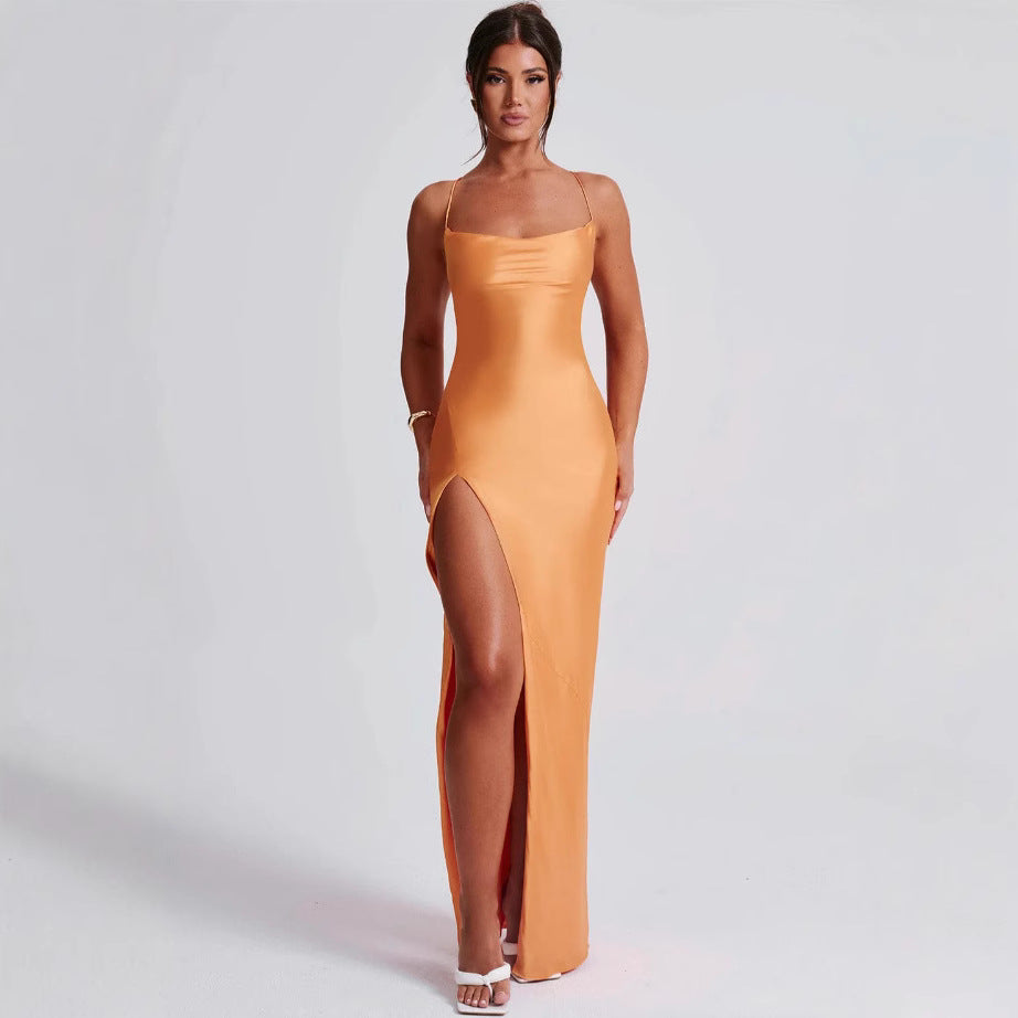 Damen Elegantes Maxikleid mit hochhängendem Schlitz und schmalem Trägerdesign