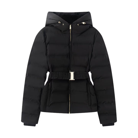 Damen Glänzende Daunenoptik-Steppjacke mit Kapuze und tailliertem Zugbandgürtel Shop Nory