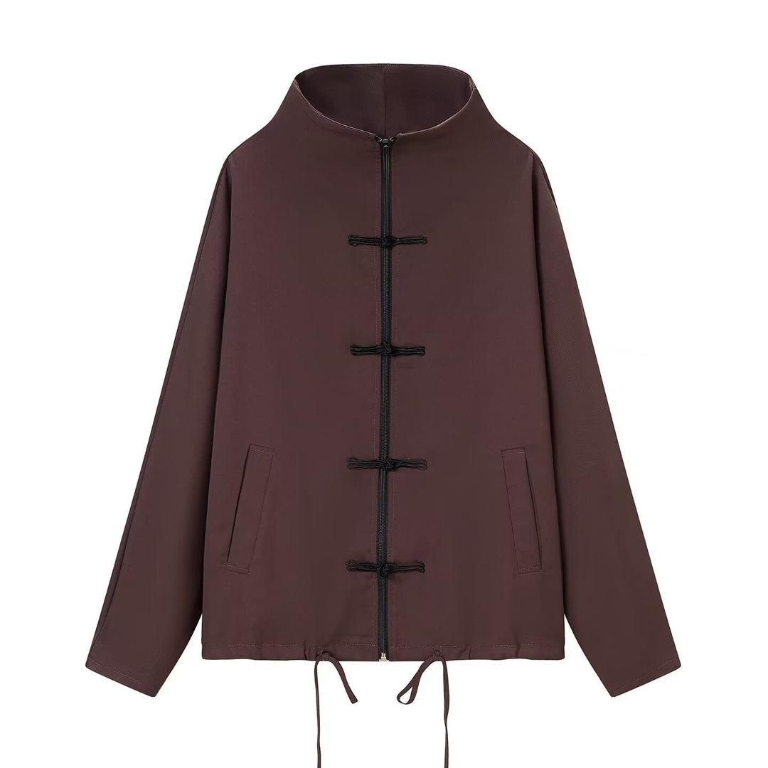 Damen leichte Boxy-Jacke mit Stehkragen, Zipper-Front, Kordelzug und dekorativen Knotenverschlüssen Shop Nory