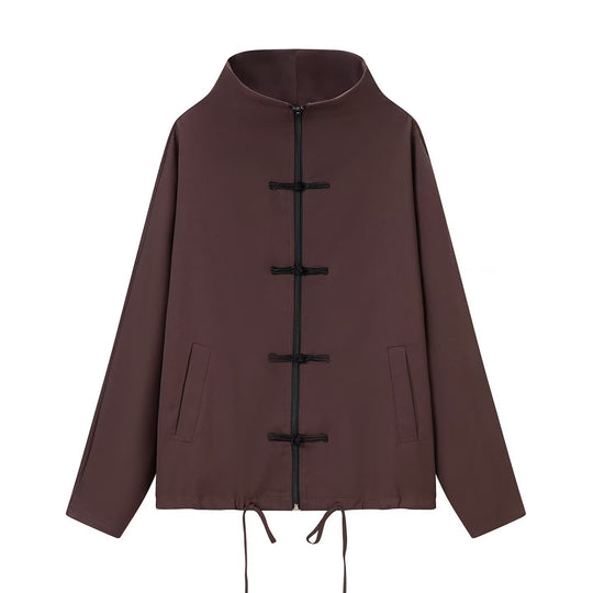 Damen leichte Boxy-Jacke mit Stehkragen, Zipper-Front, Kordelzug und dekorativen Knotenverschlüssen Shop Nory