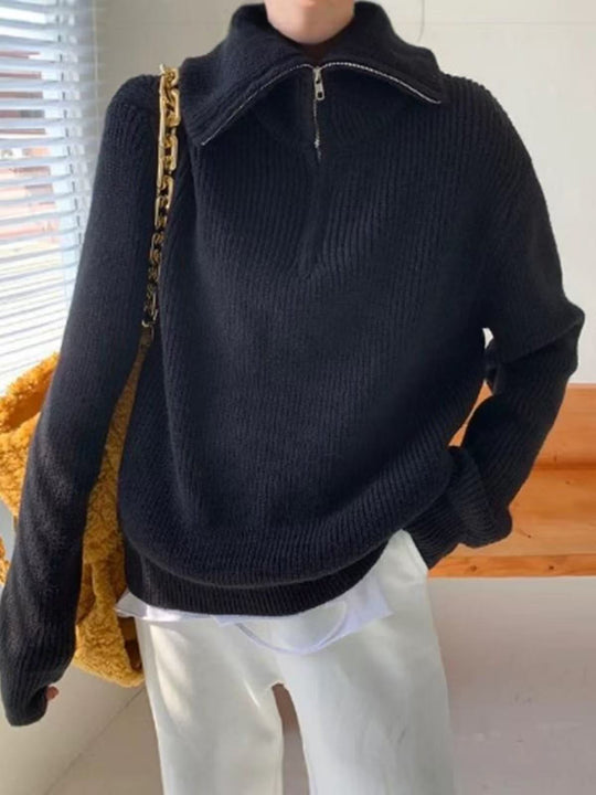 Damen Leichter Strickpullover mit hohem Kragen und Reißverschluss