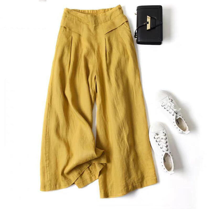 Damen Weit geschnittene Leinenhose mit hohem Bund und eleganten Falten