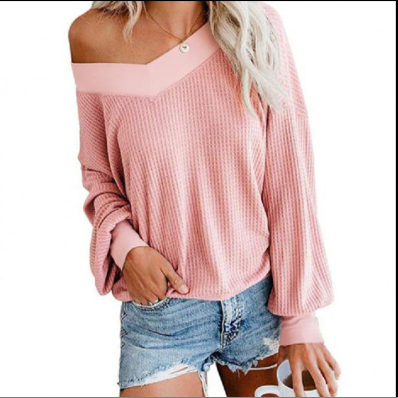 Damen Lockerer Waffelstrick-Pullover mit weitem Off-Shoulder-Ausschnitt und Oversize-Schnitt Shop Nory