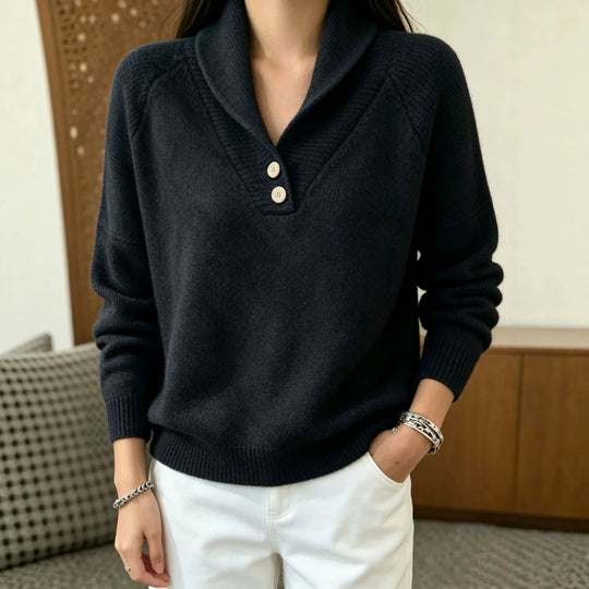 Damen Weicher Schalkragen‑Pullover mit halber Knopfleiste und Raglanärmeln Shop Nory