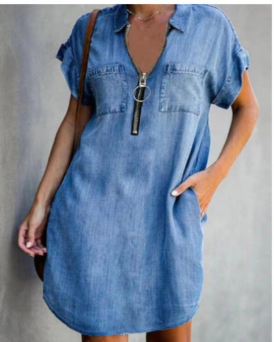 Damen Freizeit Denim-Kleid mit praktischen Taschen und Reißverschluss