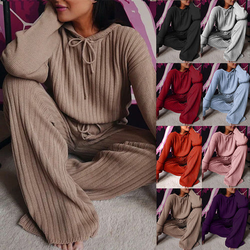 Damen Geripptes Strick-Loungewear-Set mit Kapuzenpullover und weiter Kordelzughose Shop Nory