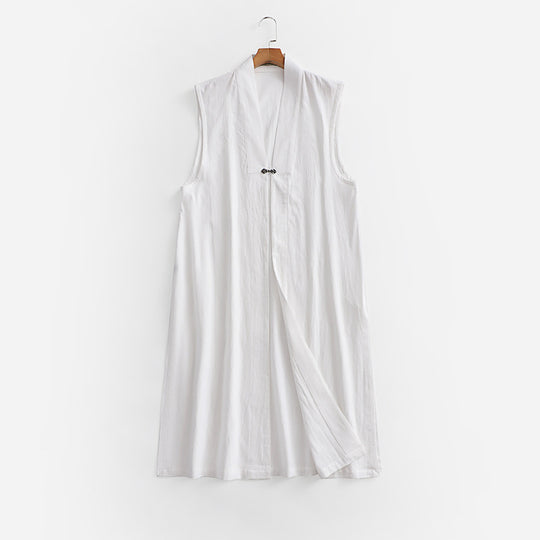 Damen Langer ärmelloser Kimono-Weste aus Leinenmix mit schmaler Schalkante und dekorativem Knebelverschluss Shop Nory