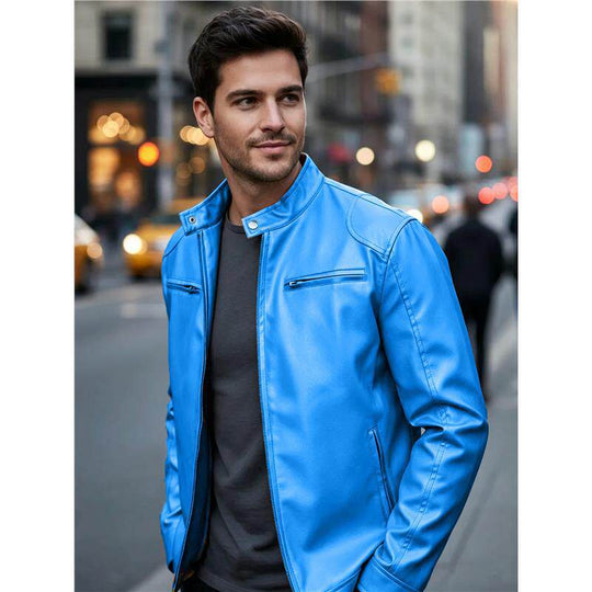 Herren Biker‑Style Kunstlederjacke mit Stehkragen und Reißverschlusstaschen Shop Nory