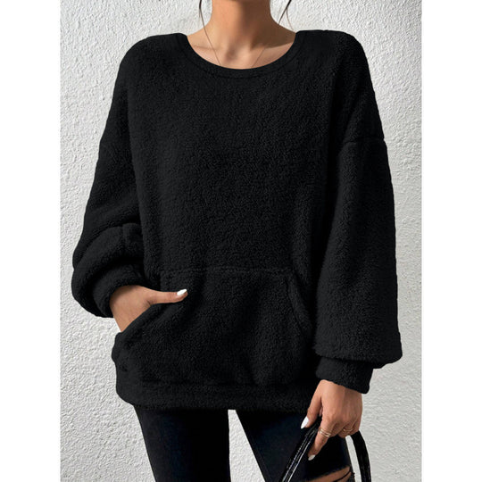 Damen Kuscheliger Oversize-Sherpa-Pullover mit Kängurutasche und Ballonärmeln Shop Nory