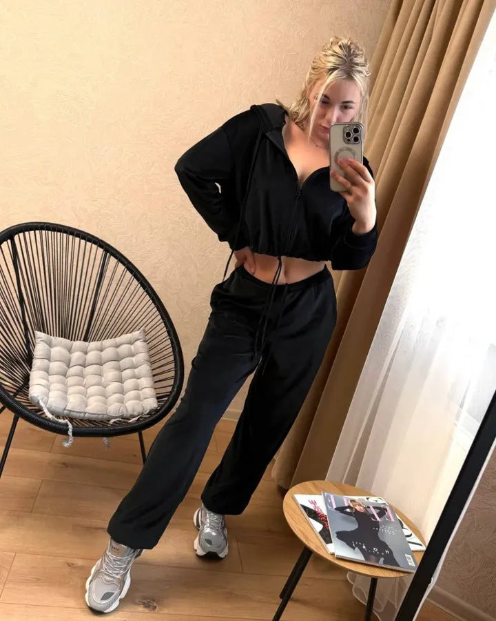 Damen Samtiges Cropped-Zip-Hoodie-Set mit Tunnelzugbund und weitem Lounge-Sweathose Shop Nory