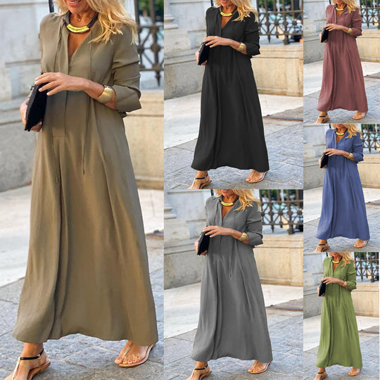 Damen Maxikleid mit V-Ausschnitt, Langärmelig, lockere A-Linien‑Silhouette und Kordelzug Shop Nory