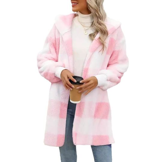 Damen Oversize Karierter Teddy-Mantel mit Kapuze und Eingrifftaschen Shop Nory