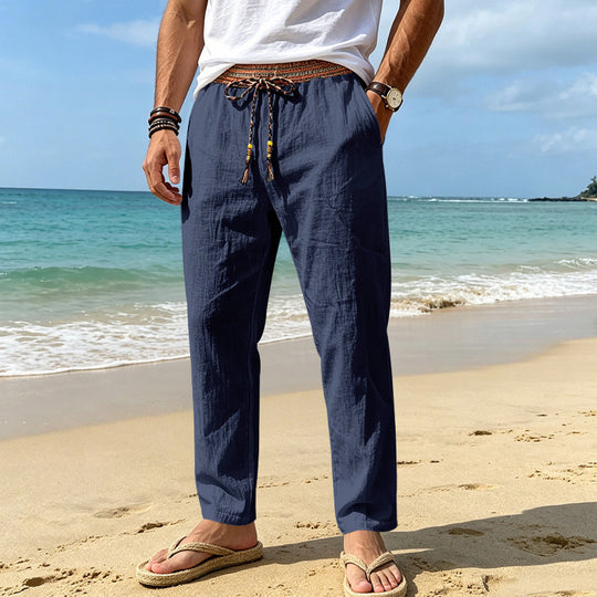 Herren Leinenoptik Freizeithose mit besticktem Kordelbund und Kordelzug Shop Nory