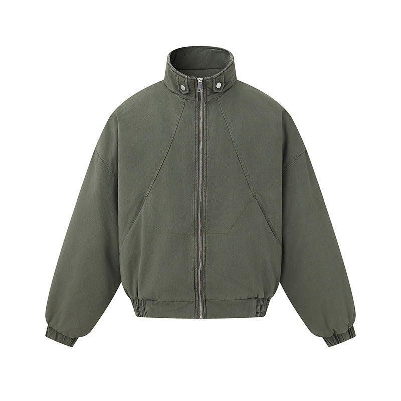 Unisex Boxy-Canvas-Blousonjacke mit hohem Stehkragen, diagonalem Nahtdesign und elastischem Saum Shop Nory