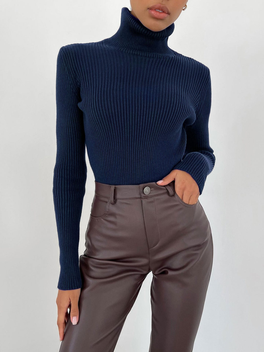 Damen Figurbetonter Rippstrick-Rollkragenpullover Shop Nory