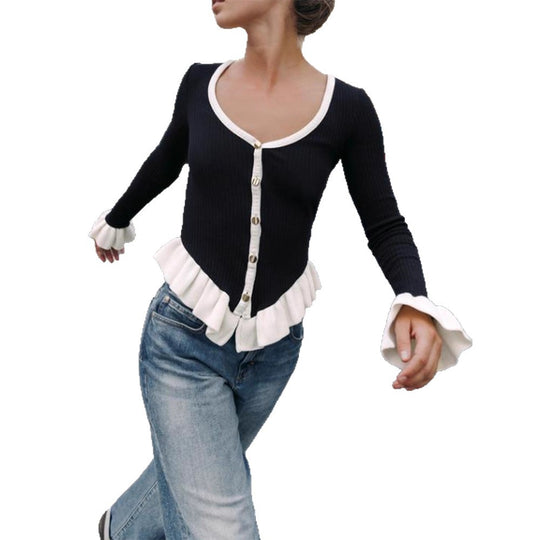Damen Gerippte Strickjacke mit Volant-Saum, Zierknöpfen und Rüschenmanschetten Shop Nory