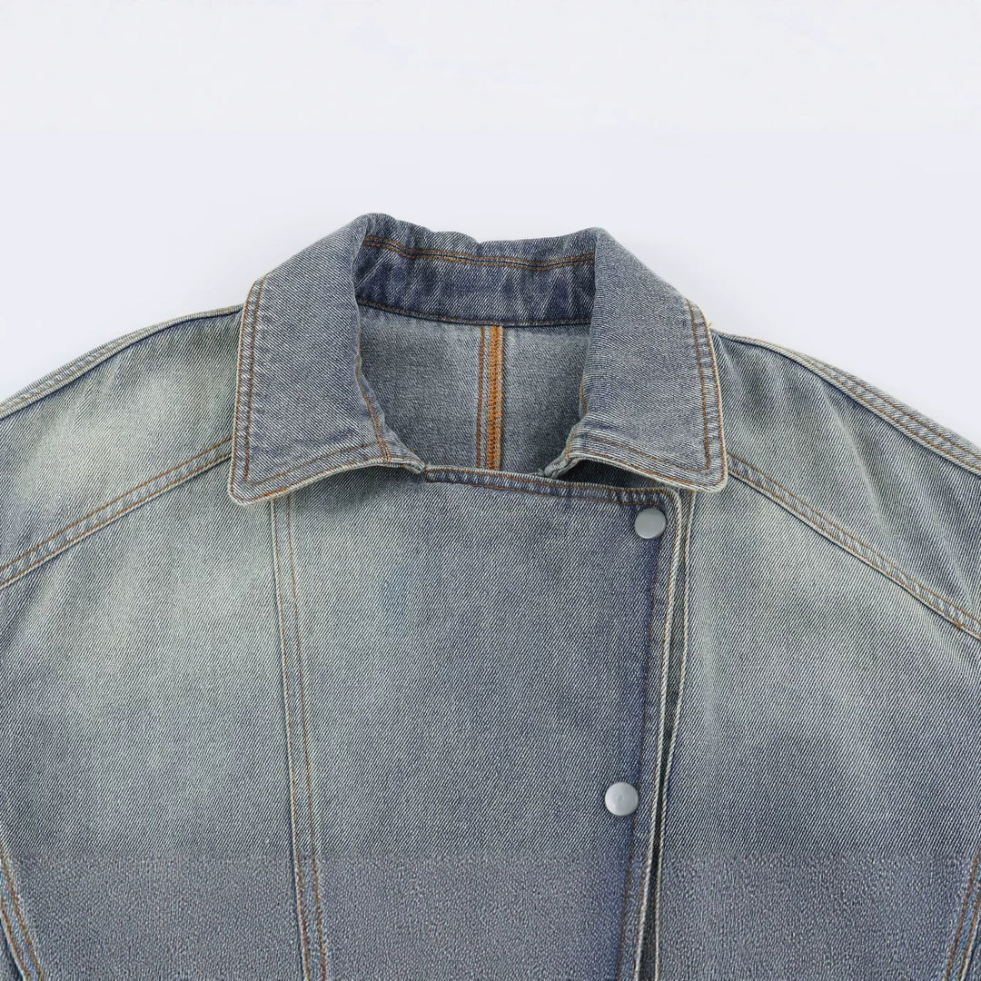 Damen Jeansjacke mit Taillengürtel und asymmetrischer Druckknopfleiste Shop Nory
