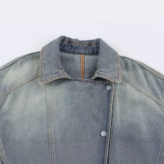 Damen Jeansjacke mit Taillengürtel und asymmetrischer Druckknopfleiste Shop Nory