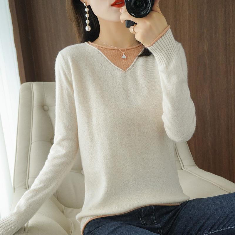 Damen Weicher V‑Ausschnitt-Pullover aus Kaschmir‑Look mit kontrastierter Kantenverzierung Shop Nory