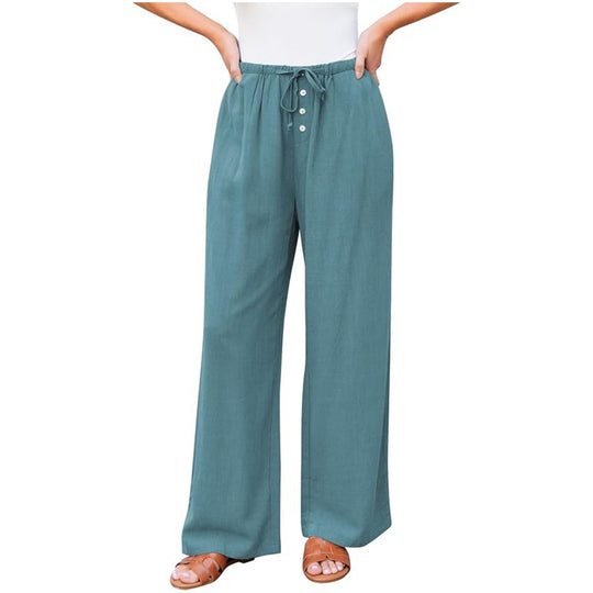 Damen Leinenoptik-Hose mit weitem Bein, Gummizug-Taille, Tunnelzug und Knopfdetail Shop Nory