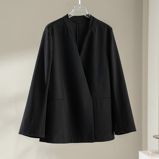 Damen kragenloser Longline-Blazer mit offenem V-Ausschnitt und Eingrifftaschen Shop Nory