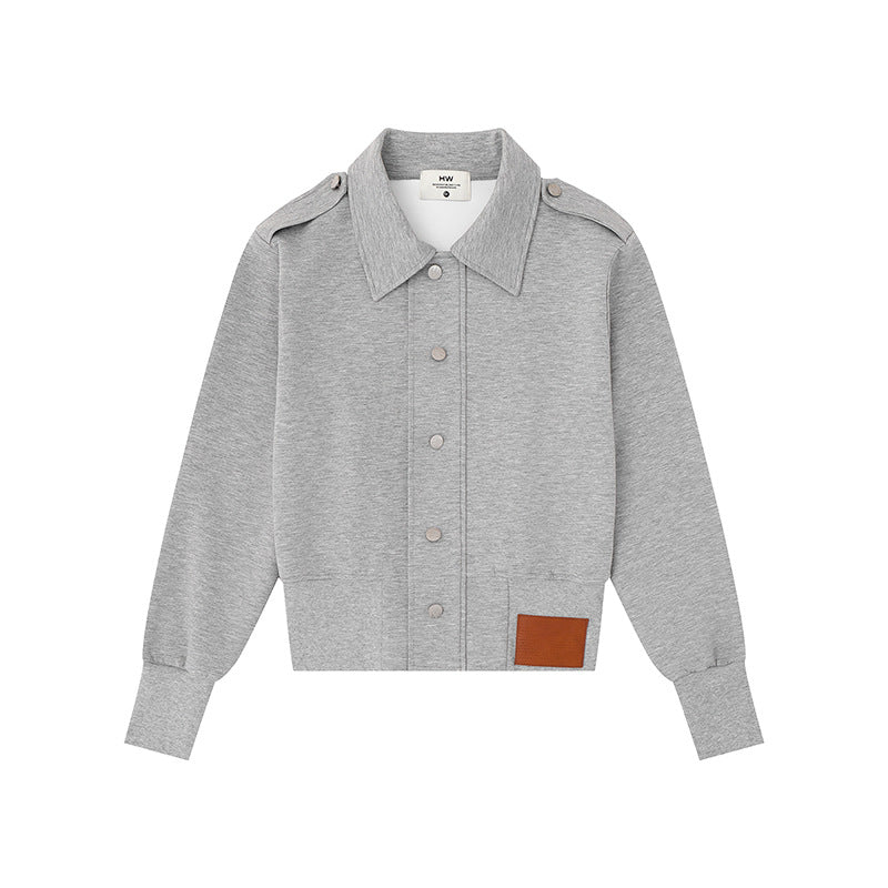 Damen Kurz geschnittene Sweatjacke mit Hemdkragen Schulterklappen und Lederpatch Shop Nory