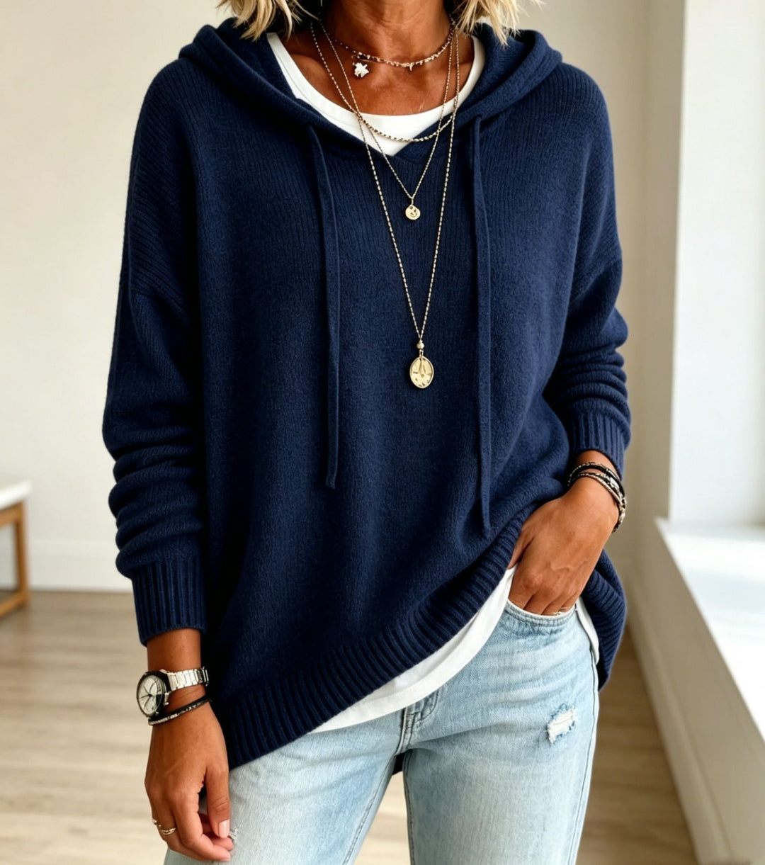 Damen Oversize-Kapuzensweater aus feinem Strick mit gerippten Bündchen Shop Nory